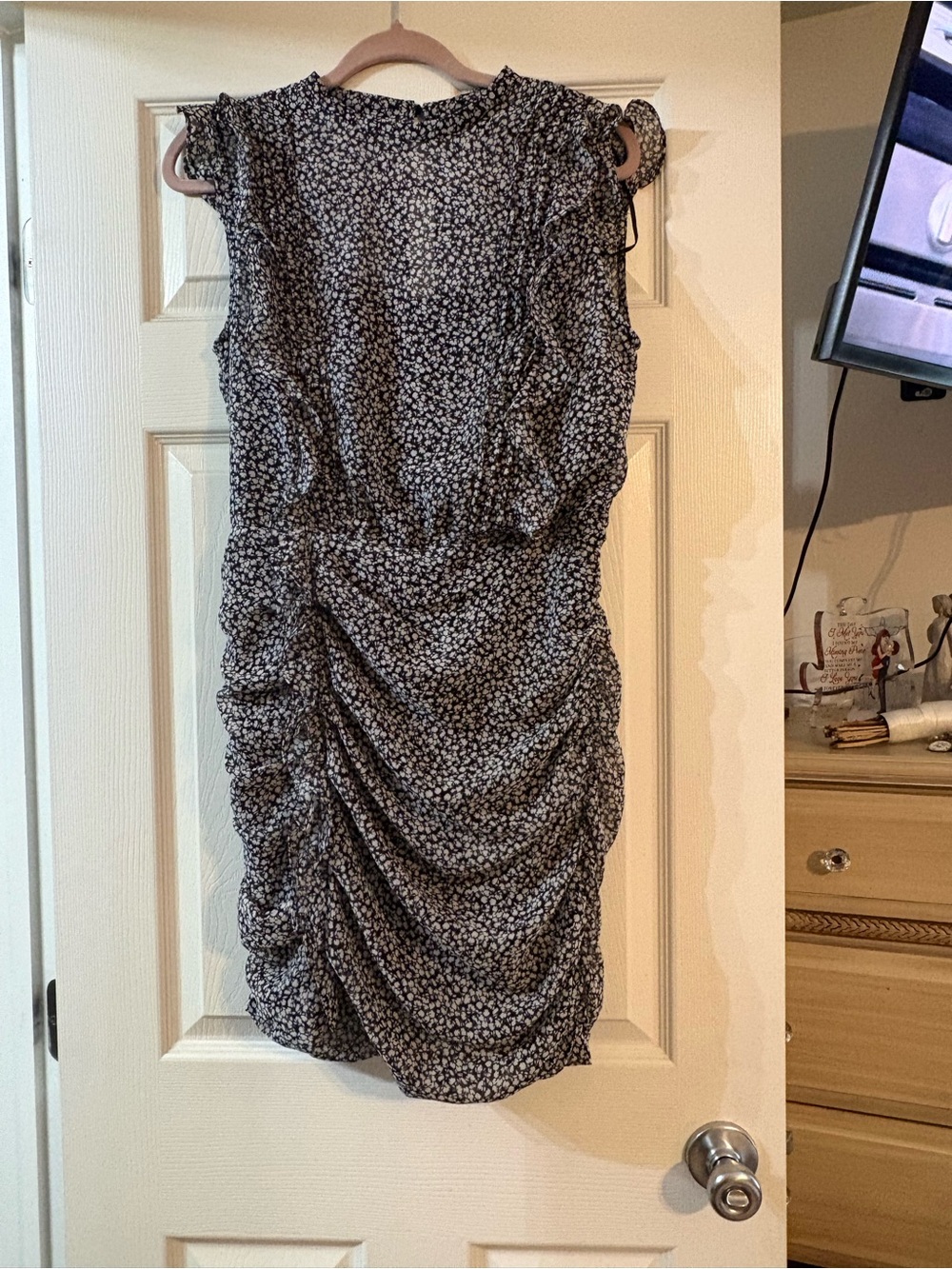 Express Black and White Floral Ruched Mini Dress